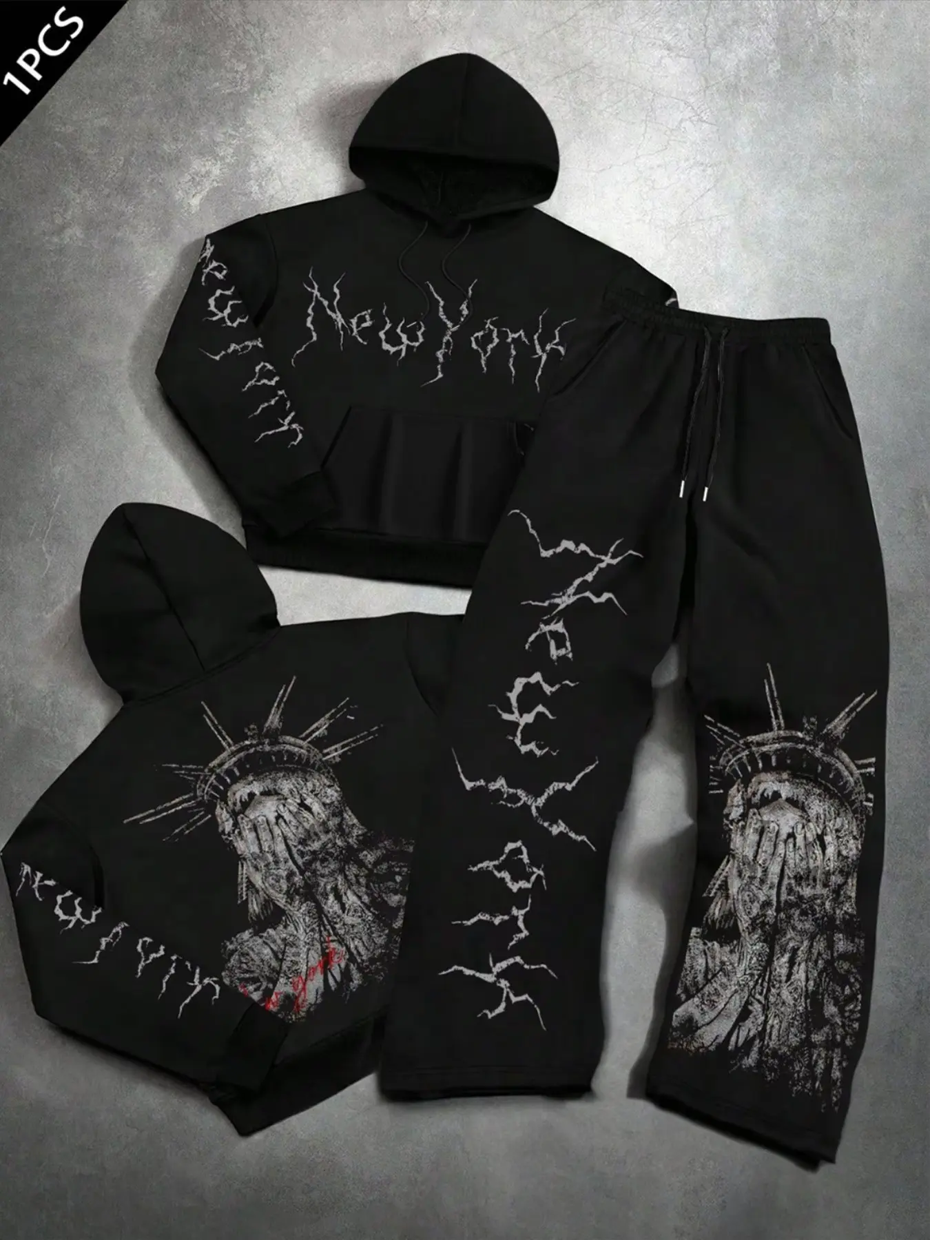 Men's Streetwear 2-Piece Hoodie & Pants Set with Statue & "New York" Graphic Print, Casual Drawstring Hooded Sweatshirt & Wide Leg Joggers for Hip Hop Style