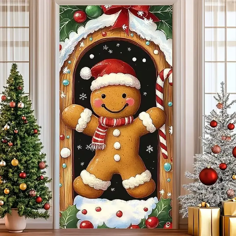 2D Flat Banner Door Cover, Christmas Gingerbread Man, Multi-Purpose Holiday Door Cover, Indoor and Outdoor Use, No Power Required