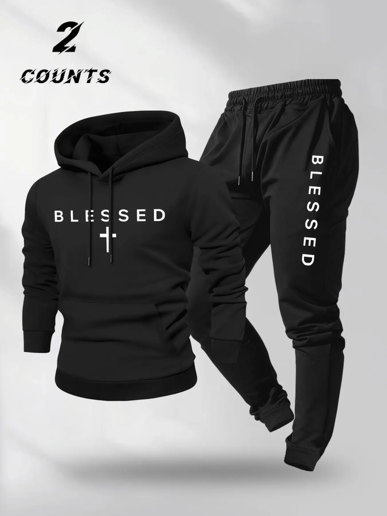 Men's Cross Faith Hoodie and Pants Set, American Style Loose Fleece Sports Two-Piece, Letter Cross Design, Casual Wear, Athleisure Sweatsuit