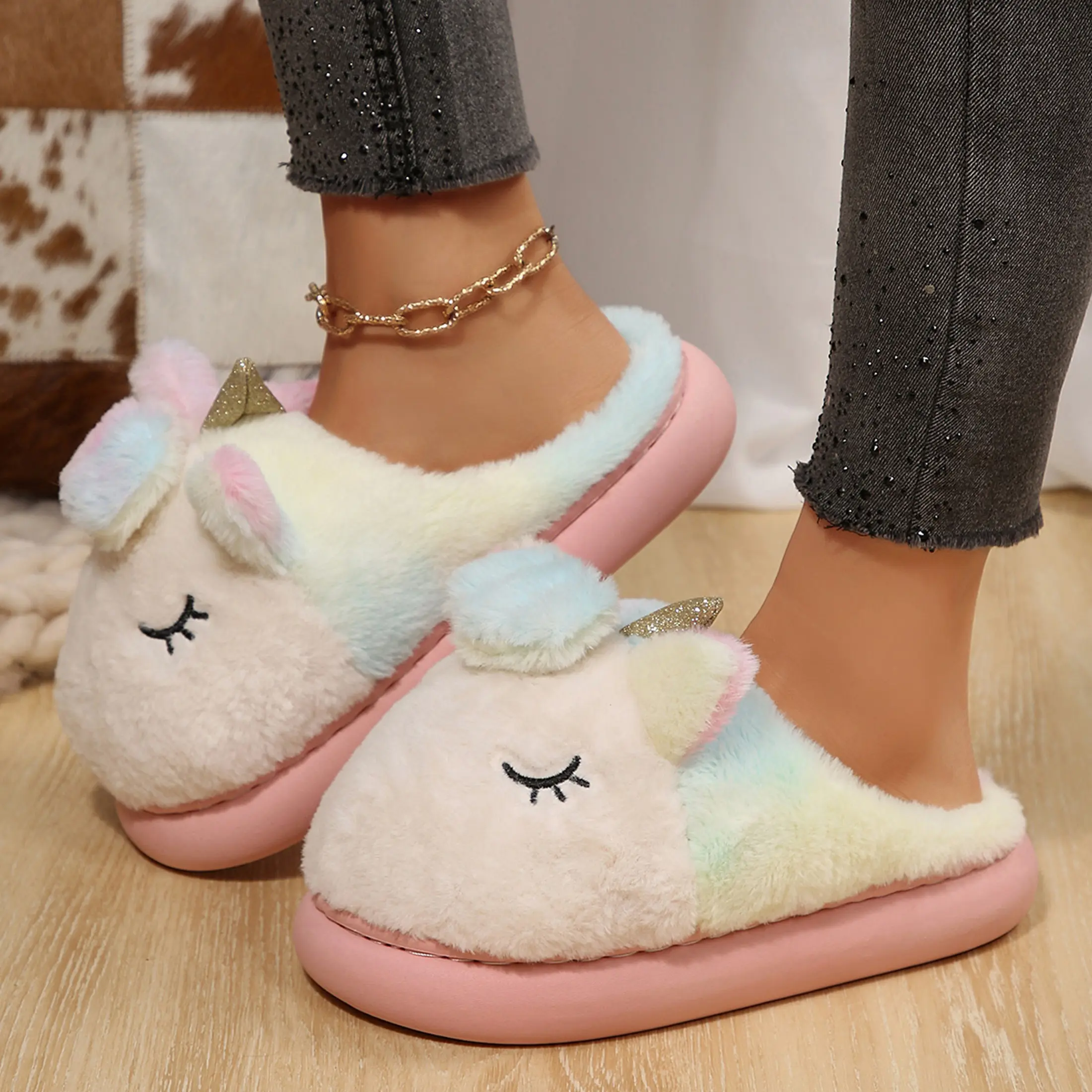 Cozy Unicorn Plush Slippers for Women Warm Indoor Non-slip Home Footwear Cute Cartoon Design for Autumn Winter