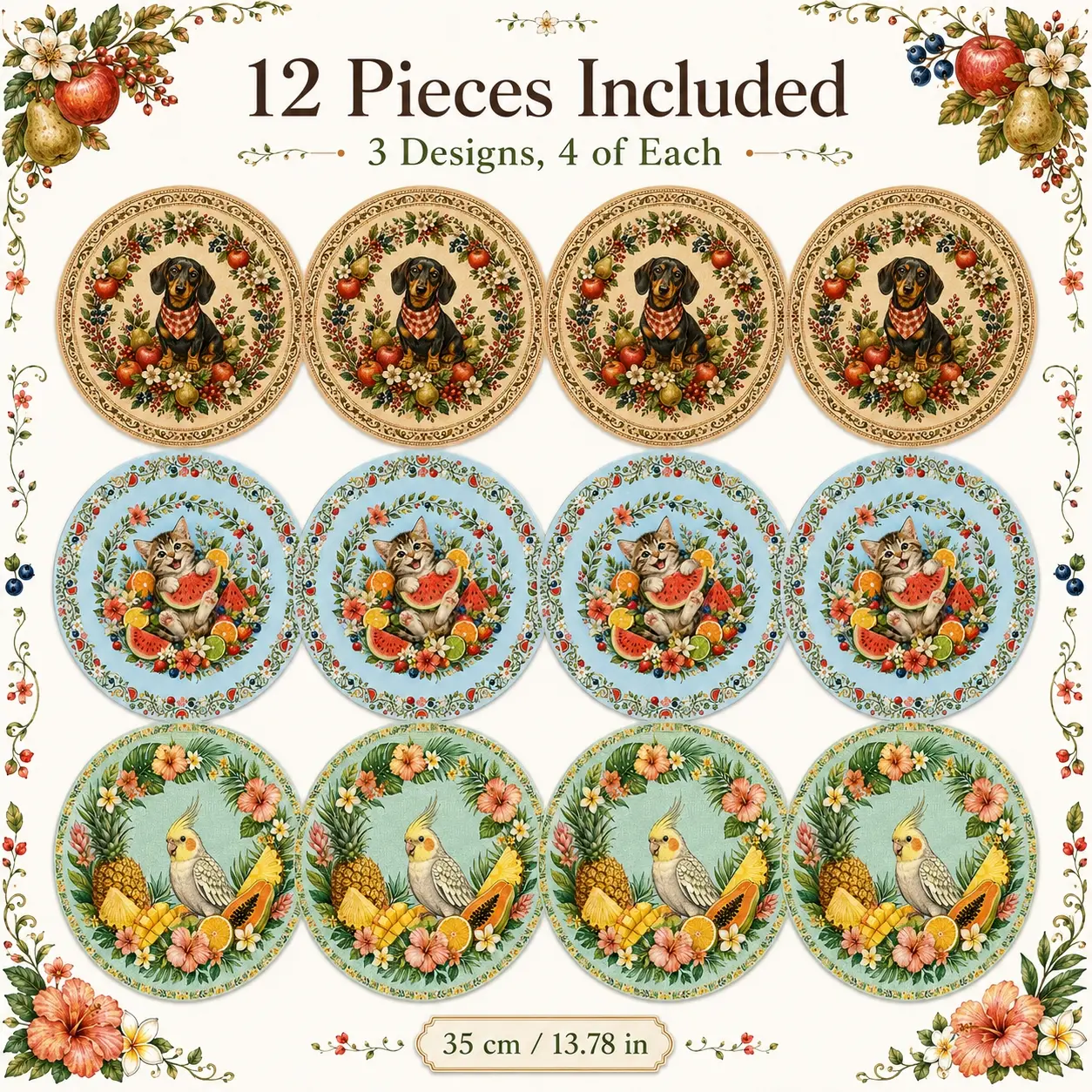 12 Pieces Round Placemats Set, 35cm (13.78in) Large Washable Table Mats, 3 Designs 4 of Each, Floral Fruit Bird Dog Cat Animal Vintage Decorative Dining Placemats for Kitchen, Home, Holiday Party Table Decor, Non-Slip Heat Resistant Table Mats