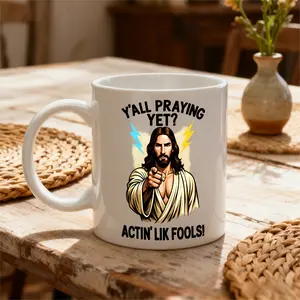 11oz White Mug, Funny Religious Humor Style, Jesus Pointing Y' Praying Yet Actin Lik Fools Design, Daily Use Or Church Gathering Season, Gift For Christians Or Bible Study Group Members