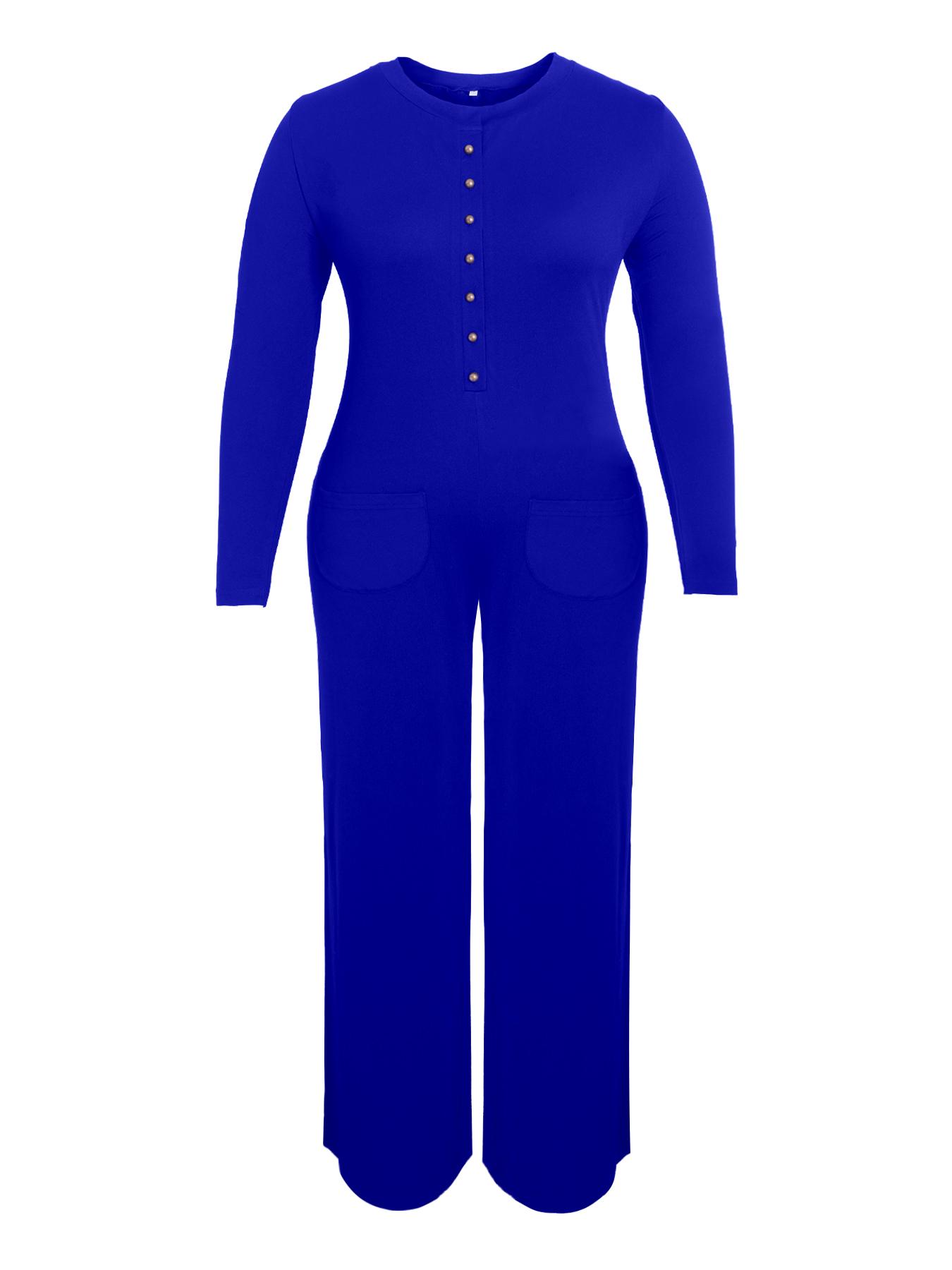 [Plus Size] Solid Pocket Button Front Wide Leg Jumpsuit, Casual Long Sleeve Round Neck Jumpsuit for Daily Wear, Women's Clothes for Fall & Winter, Womenswear