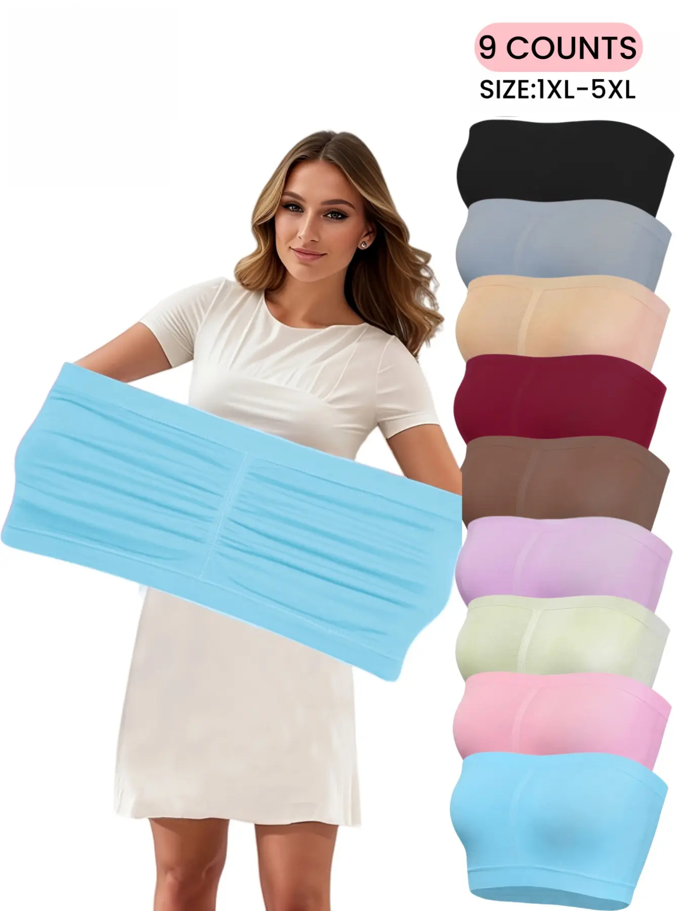 Plus Size Women's Solid Bandeau Bra, Casual Comfortable Breathable Tube Top for Everyday Wear, No Padding, Non Padded Bra, Strapless Bra With Shirt&Dres, Elastic Waistband