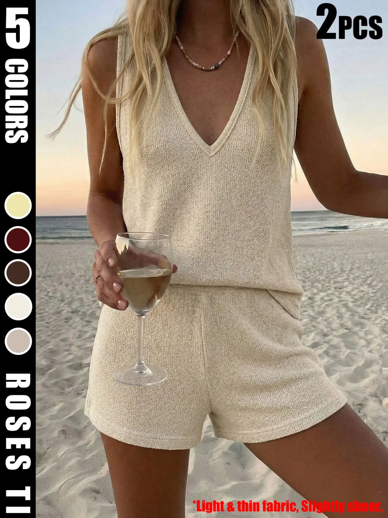 Women's Loose-Fit Oversized Baggy Knit Two-Piece Set Suits, V-Neck Sleeveless Tank Top & Knitted Shorts for Beach, Casual Summer Wear, Comfortable and Stylish Beachwear