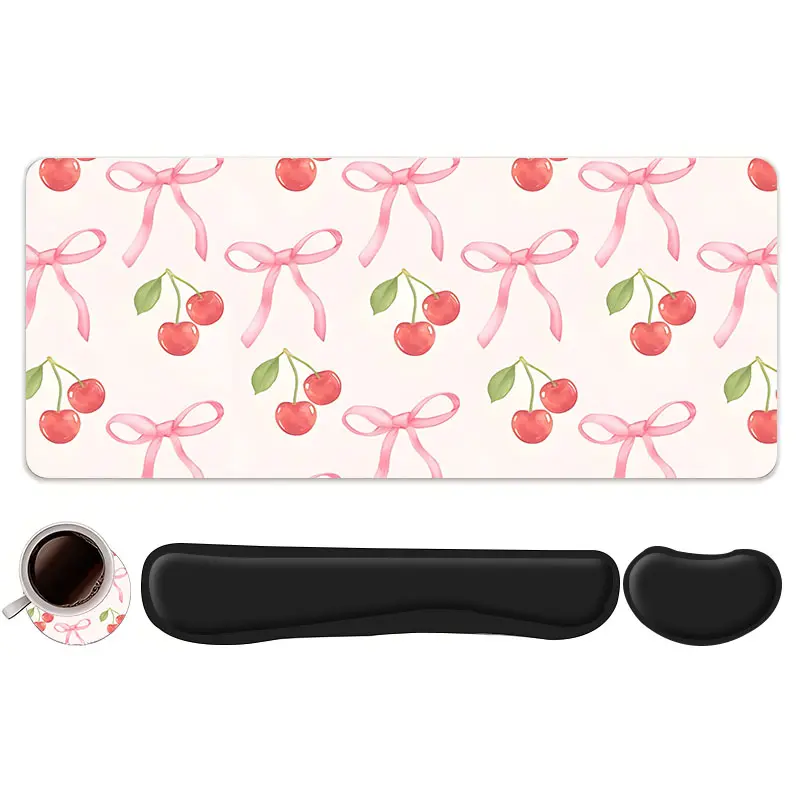 4pcs Cute Cherry and Pink Bow Design Mouse Pad + Keyboard Wrist Rest + Ergonomic Mouse Pad + Coaster Set For Desktop Decoration, Office Accessories Set Ergonomic Wrist Support, Computer Mat Mouse Pad Coaster Suitable For Home Office Gaming