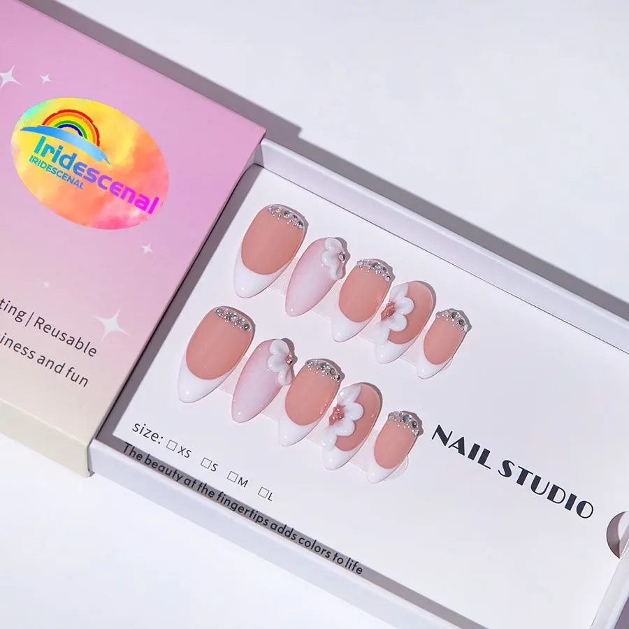 10pcs/Set Gift Box Almond French Press On Nails, Nude White French Tip With Rhinestones & 3D White Flower Decor, 4 Sizes XS/S/M/L, With Jelly Glue, Nail File & Crystal Stick Tools, For Daily, Party & Dance, Elegant Gift For Women & Girls