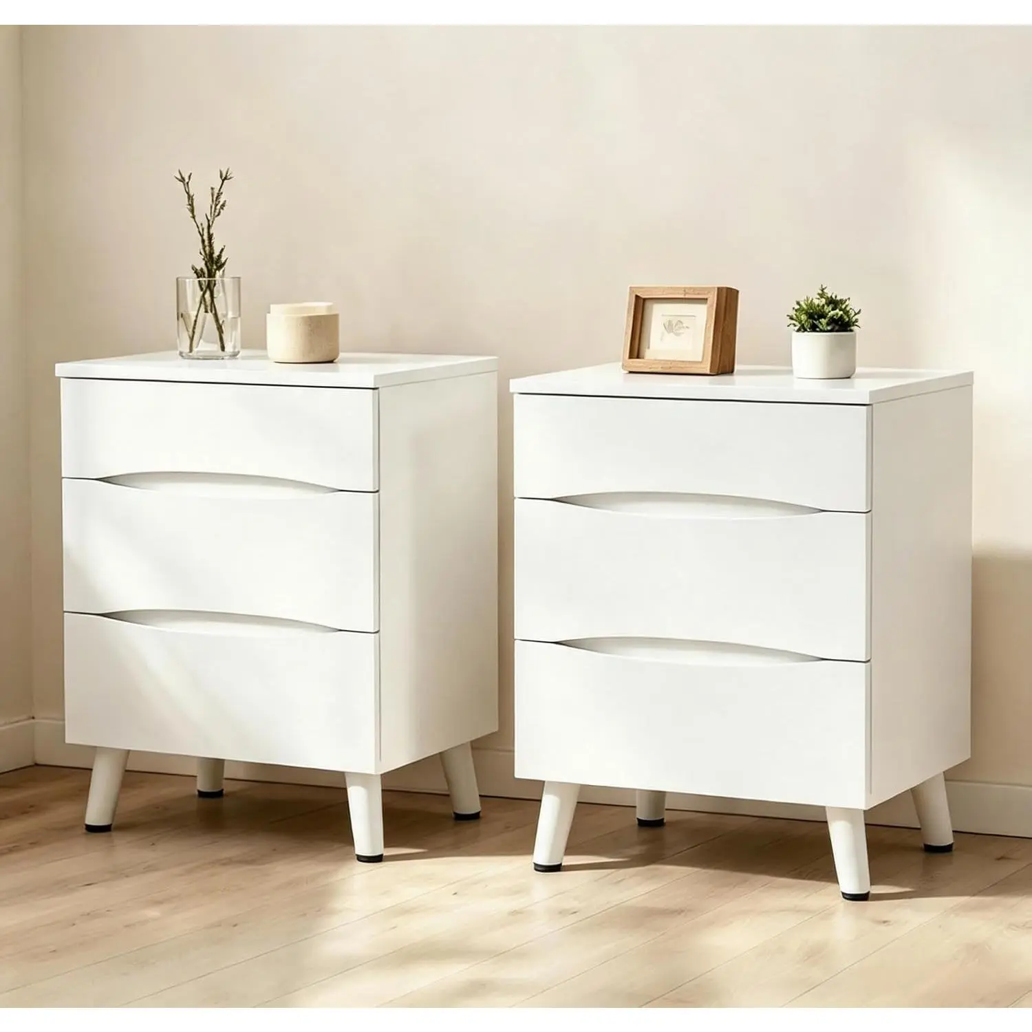 Nightstands Set of 2 with 3 Storage Drawers - Natural Wood | 24 Inch Wide Bedside Tables with Wooden Top for Bedroom, Space Saving Modern End Tables for Living Room Office(2PCS)