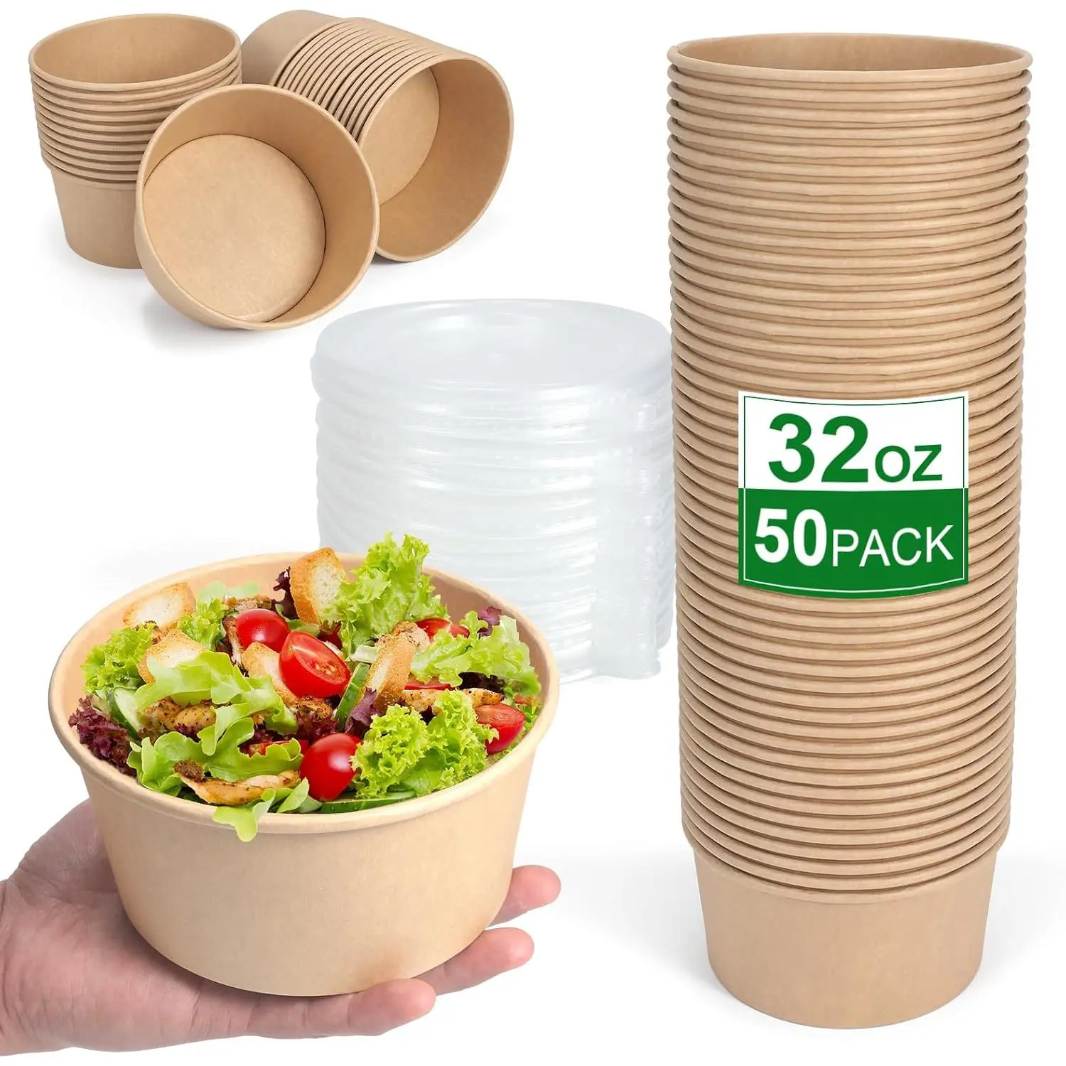 50 count 32 Oz disposable meal prep containers,paper bowls with ,disposable soup bowls,soup bowls disposable hot/cold,disposable salad bowls with ,