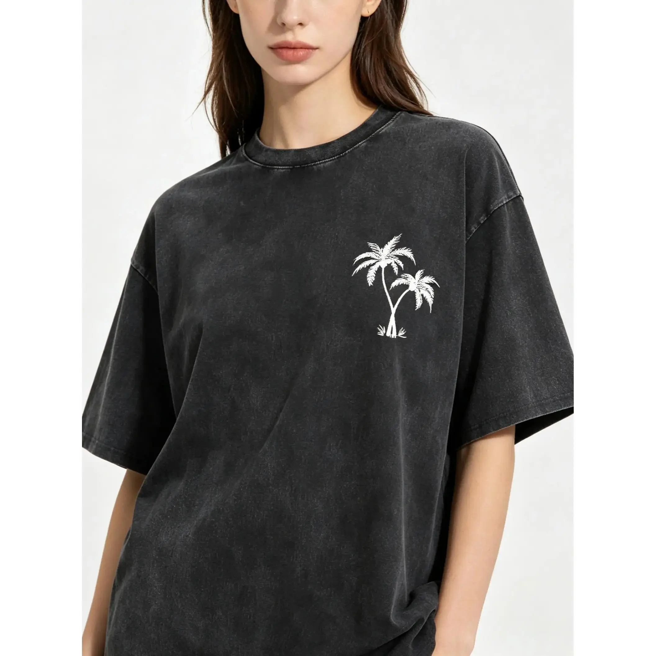 "Coconut Tree LOGO" Creative Pattern Printing Heavy 230g Pure Cotton Oversized Drop Shoulder T-shirt Washed T-shirt Men's Retro Street T-shirt Basic T-shirt Loose Hip-hop Unisex Top Acid Wash T-shirt