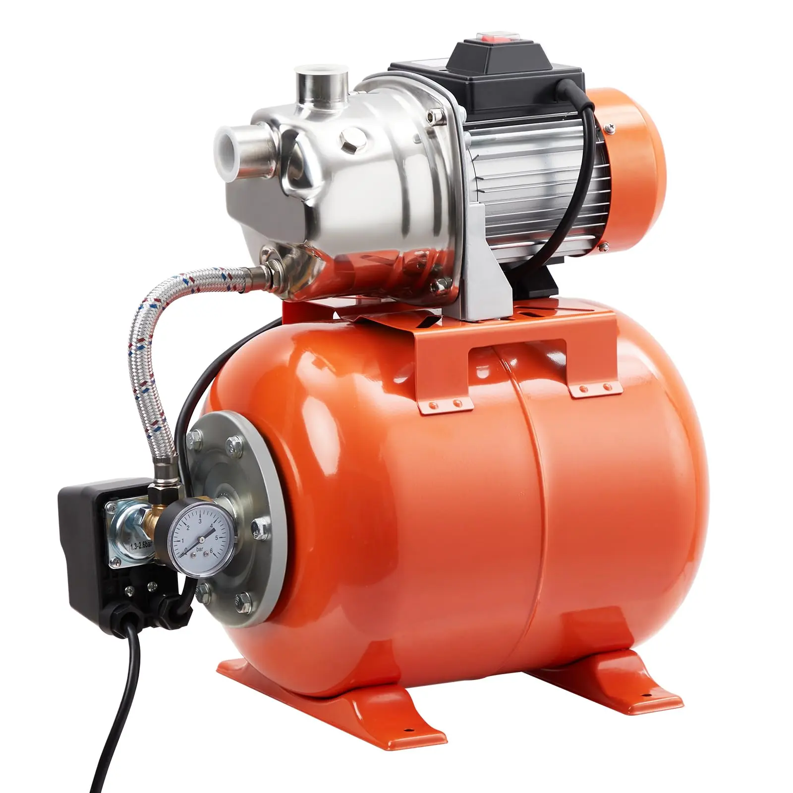 1.6 HP Shallow Well Jet Pump with Pressure Tank, 115V Stainless Steel Water Pressure Booster Pump, 977 GPH Automatic Pressure Switch 22-44 psi, 130 ft Max Head, 20 ft Suction Lift for Home, Garden, Lawn, Sprinkler, Irrigation & Clean Water Supply