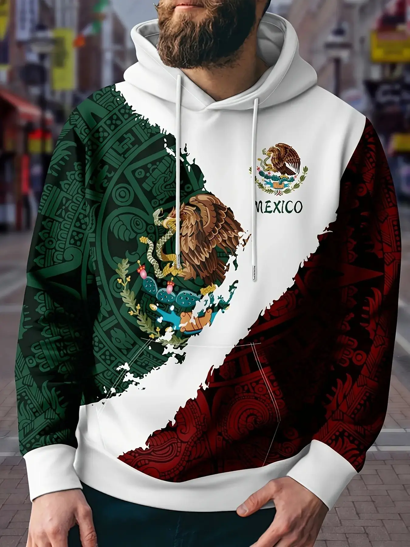 Men's Mexican Aztec Totem Print Hoodie, Colorblock Vintage Ethnic Casual Sweatshirt, Loose-Fit All Seasons Top