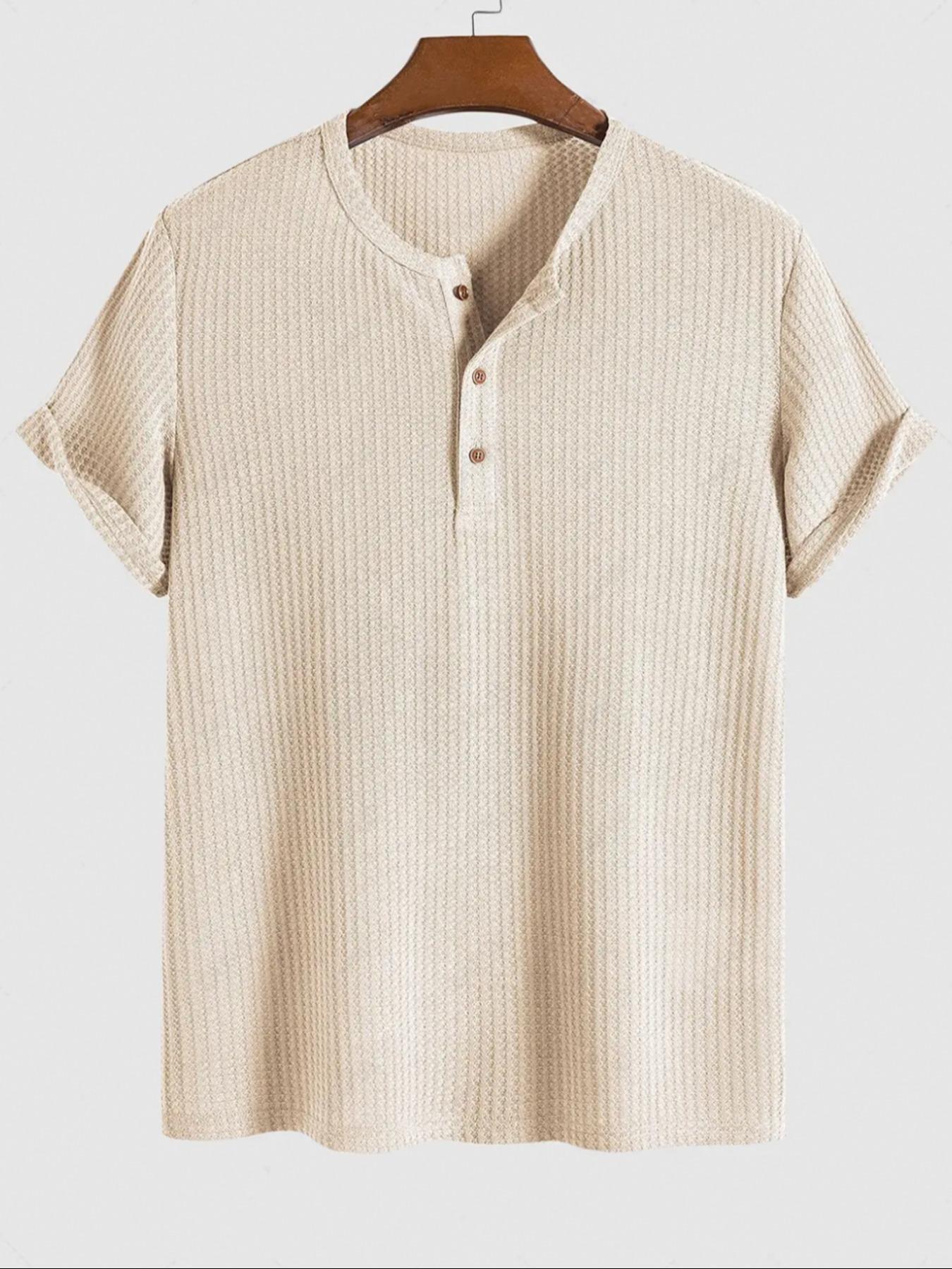 Men's Solid Knit Henley Curved Hem Tee, Regular Fit Casual Short Sleeve T-shirt for Summer, Men's Top for Daily Wear