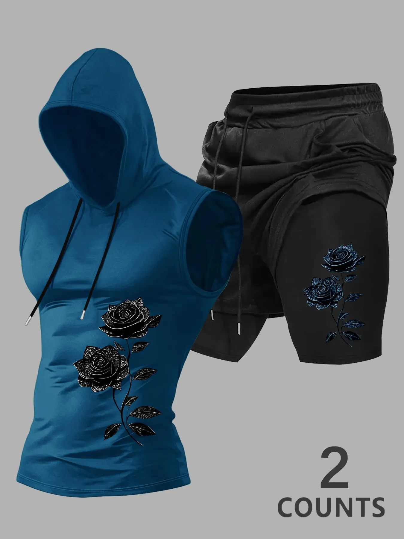 Summer Men's Set, Rose Print Hooded Sleeveless Vest + Casual Waist Drawstring Shorts, Outdoor Sports Wear, Daily & Fitness