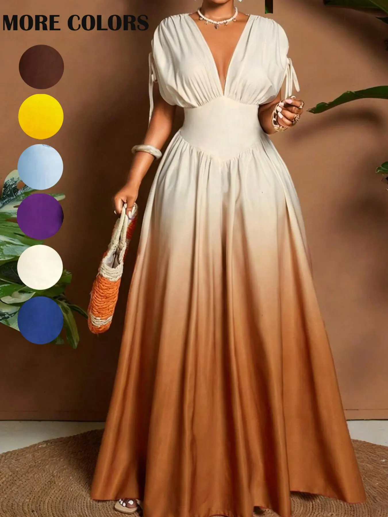 Gradient Brown Long Dress, French V Neck High Waist Flowy Swing Dress, Beach Vacation Party Evening Dress