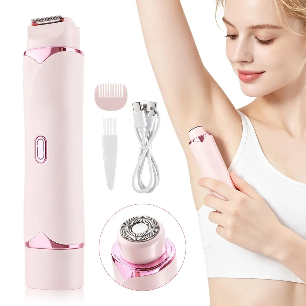 Pink 2-in-1 Dual Head Electric Hair Trimmer, Wet Dry Waterproof Detachable Heads, Low Noise High Speed Motor, Shaver for Armpit Leg Bikini Face Body Hair Removal, Multifunctional Hair Trimmer