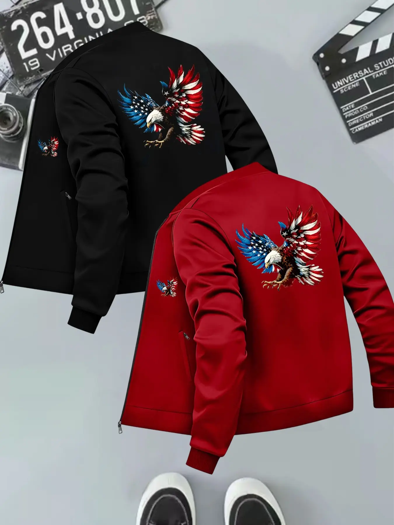 Men's Fashion Casual Jacket Set, American Flag Eagle Print, Regular Fit, Long Sleeve, Zipper Outerwear, Ideal for Sports & Outdoor Activities