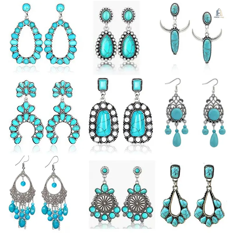 Bohemian Simulated Turquoise Dangle Earrings - Retro Look Dangle Shape Ethnic Alloy Drop Earrings for Vacation, Daily Outfit Fashion Accessory, Alloy Metal, Earrings For Women