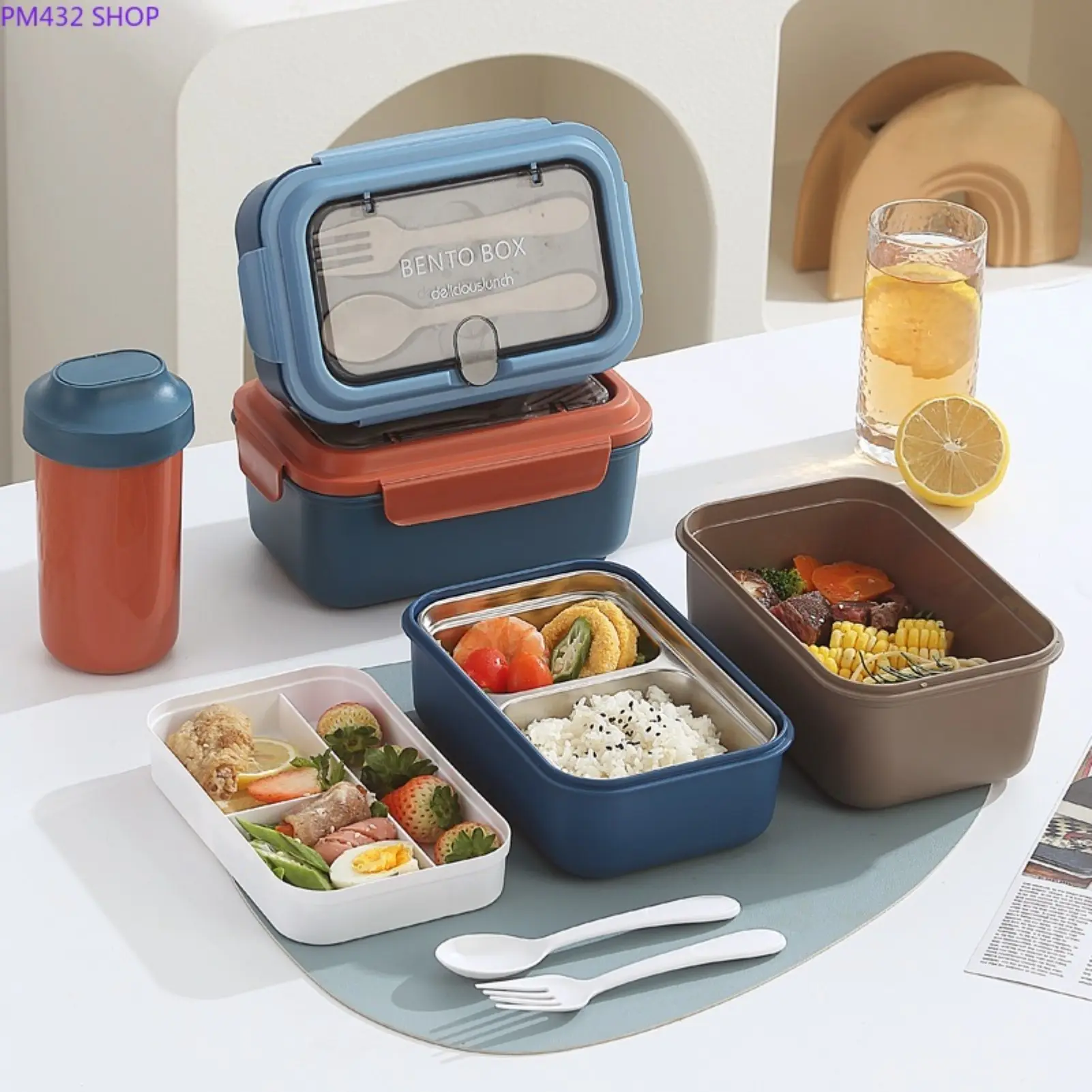 Bento Lunch Box Set with Water Bottle and Utensils, Multi-Compartment Food Storage Container for Kids School Lunch and Office Meal Prep