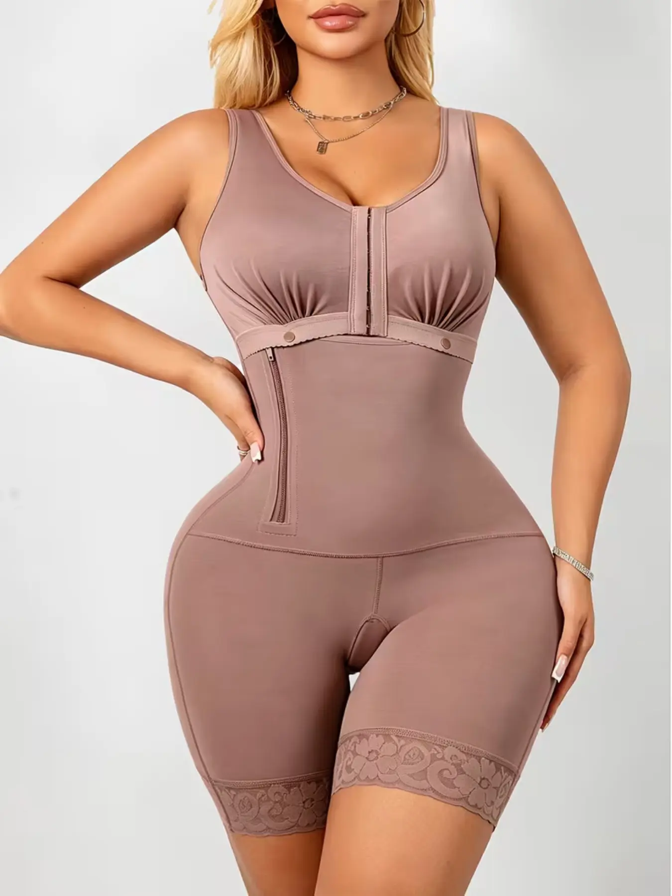 1 Count Women's Sexy Solid Color Stylish Shapewear, Fajas, Colombian Shapewear, High Elasticity Compression Bodysuit, Front Hooks Closure & Side Zipper Butt Lifting And Tummy Control Comfortable Jumpsuit, Suitable For Yoga & Sports
