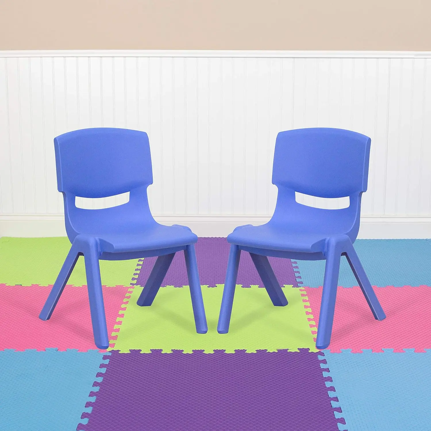 Preschool Stackable Plastic Chairs, 2-Pack Blue Indoor Furniture with 10.5"H Seat