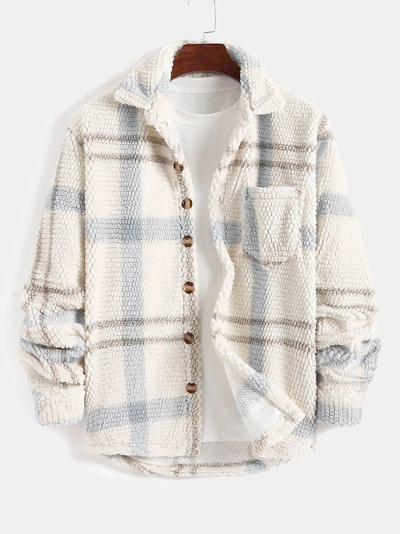 Navy Plaid Waffle Shirt Jacket, Cloud Touch Fabric & Wooden Buttons, Home Casual Wear, Available in Three Colors