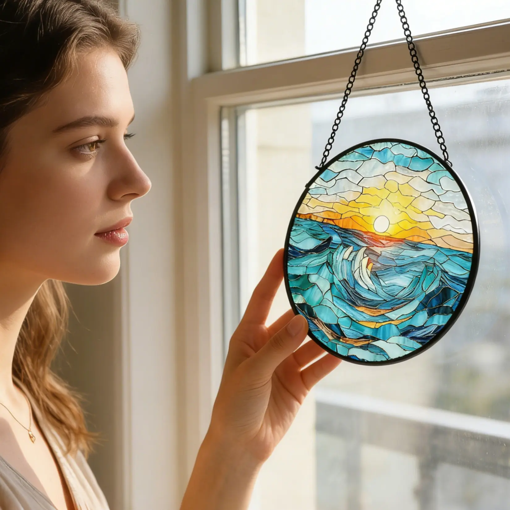 Stained Glass Suncatcher Ocean Sunset – Vintage Sea Wave Window Hanging Ornament – Indoor Home Decor – Metal Chain & Gift Box – 7.87" Round Glass Art – Distinctive Gift