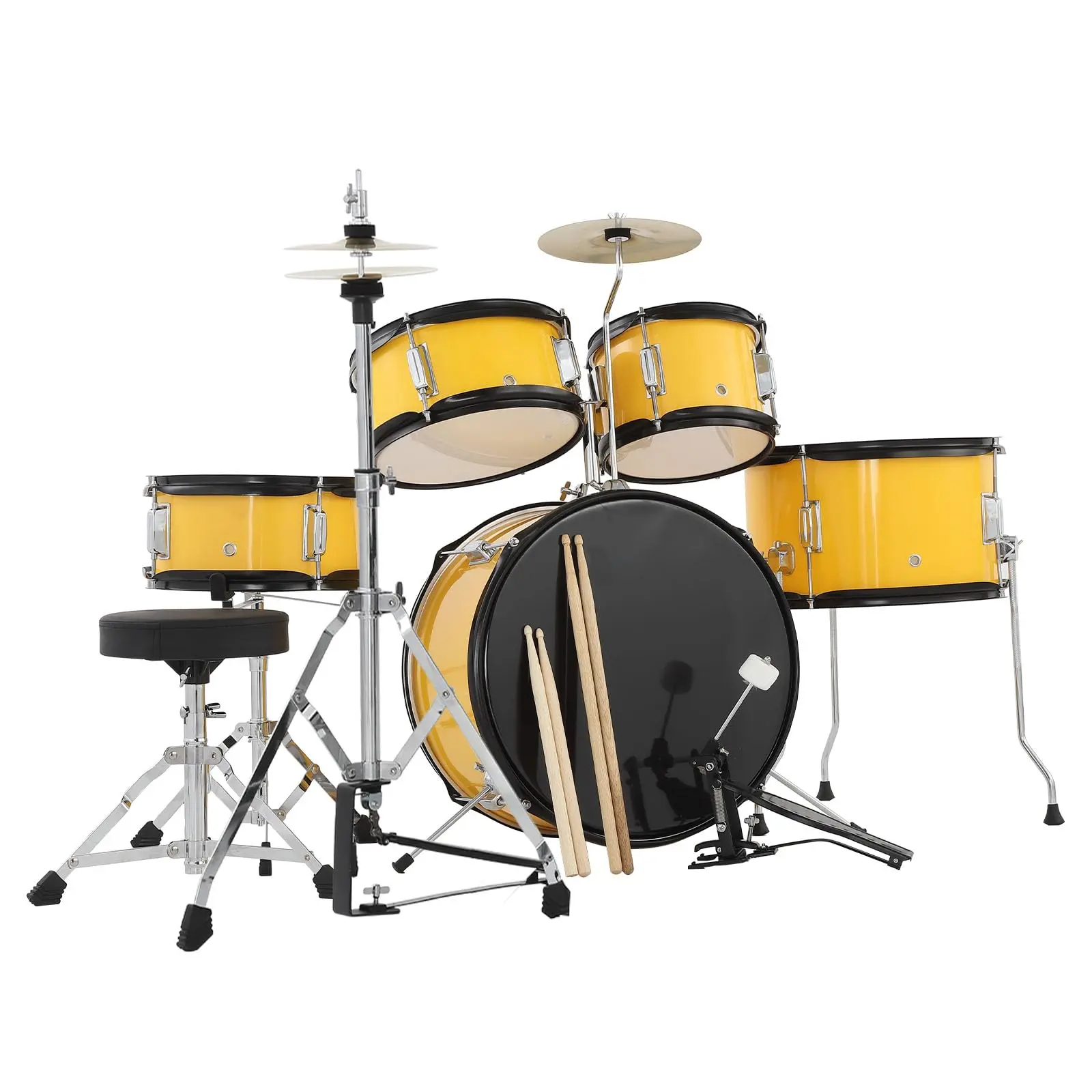 Garvee 5-Piece Junior Drum Set with Dual Tom-Toms, Floor Tom, Snare, Bass Drum, Hi-Hat, Cymbal, Pedal, Drumsticks, and Seat - Complete Percussion Kit for Beginners
