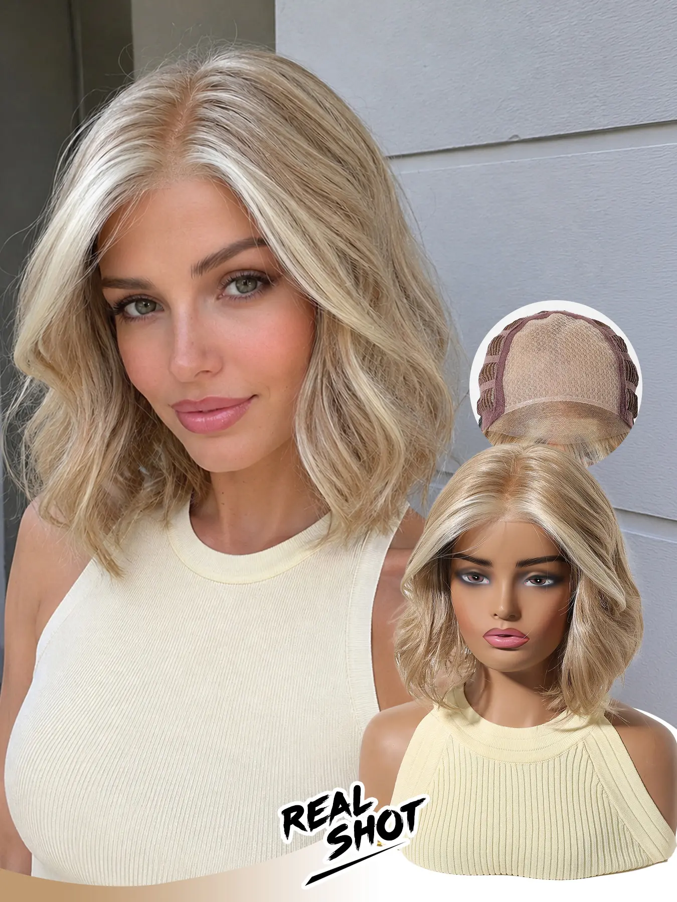 Mono Short Wavy Synthetic Wig, Light Gold Natural Part, Lightweight Breathable Skin-Friendly Mesh Base, Versatile Daily Commute Street Style Hairpiece, Breathable Synthetic Wigs