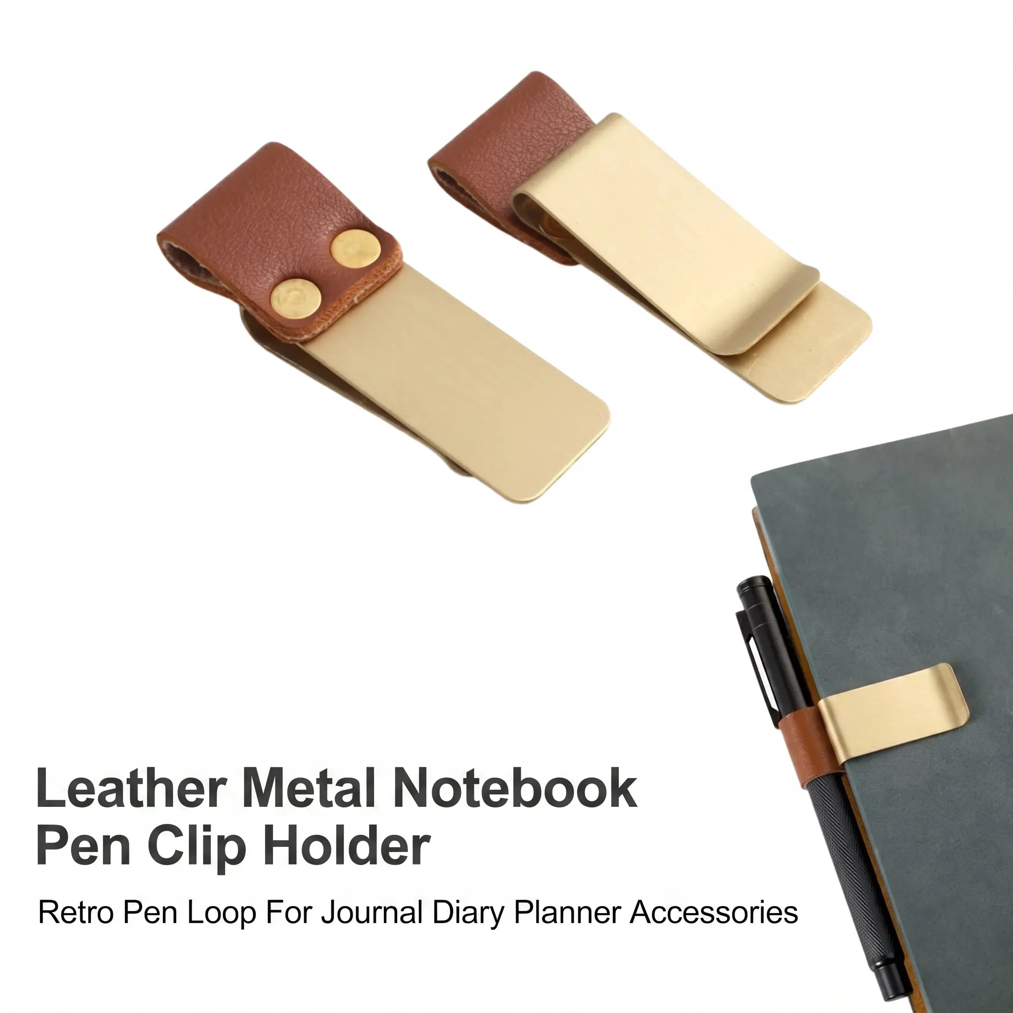Vintage Brass Notebook Metal Pen Clips, PU Leather Pen Holder, Loose Leaf Diary Memo Clip, Bookmark Journal Planner Pencil Holder, Book Accessories, Office Supplies-YY0