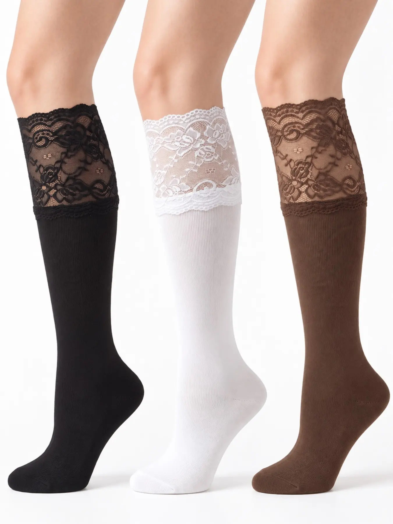 3 Pairs Women’s Lace Knee High Socks Boot Socks Stockings Floral Sheer Top Ribbed Socks Stretchy Socks for School Casual & Y2K Outfits
