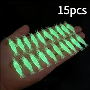 2026 New 15pcs Luminous Shrimp Lure Set, Luminous Soft Plastic Bait with Fish Hooks, Night Fishing Gear for Freshwater and Saltwater