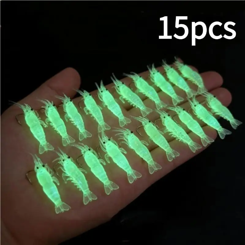 2026 New Luminous Shrimp Lure Set, Artificial Lures, 15/30/60pcs Soft Plastic Bait with Hooks, Realistic Fishing Gear for Freshwater & Saltwater, Night Fishing Jig