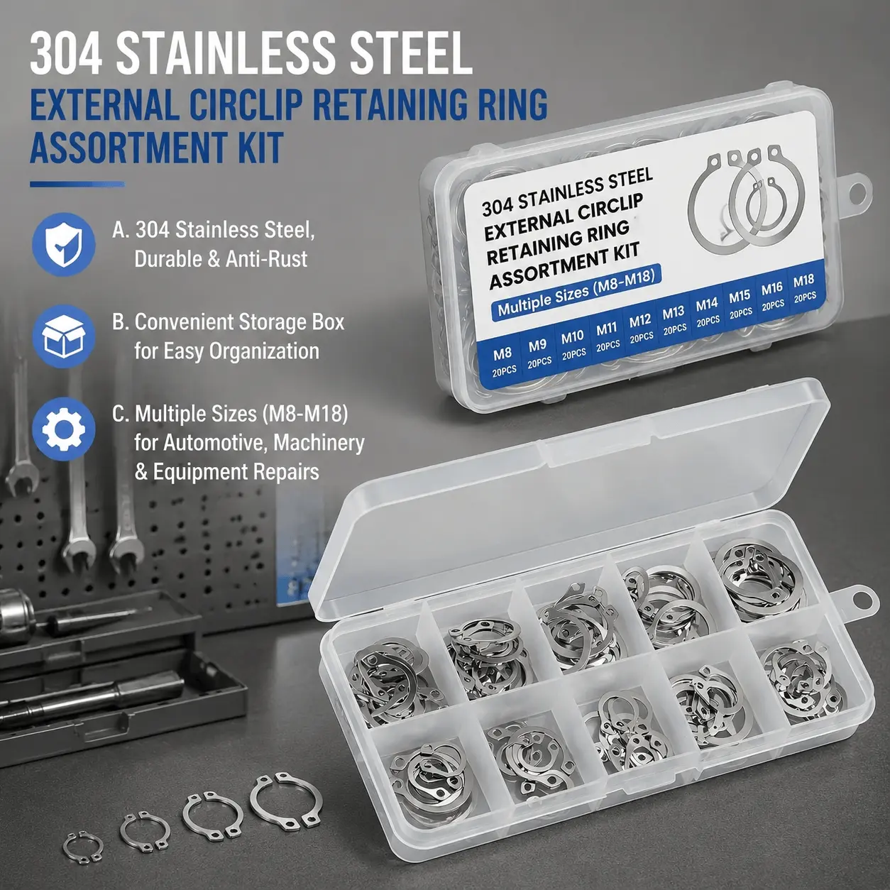 304 Stainless Steel Snap Ring Kit - High Precision Retaining Clips for Gear Assembly, Corrosion-Resistant C-Clips, Multi-Size Storage Box, Quick-Release Fasteners, Durable External Retaining Rings