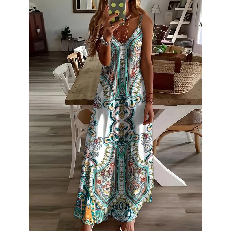 Women's Summer Vintage China Print Casual Long Dress – Loose Beach Cover-Up, Adjustable Spaghetti Strap Flowy Artistic Sundress