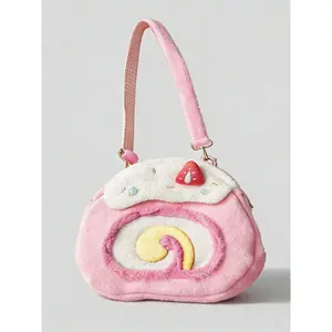 Women's Plush Cake Roll Shoulder Bag - Strawberry Frosting Design, Gradient Heart Shape, Crossbody Handbag Purse for Daily Street Style & Dating Outfits