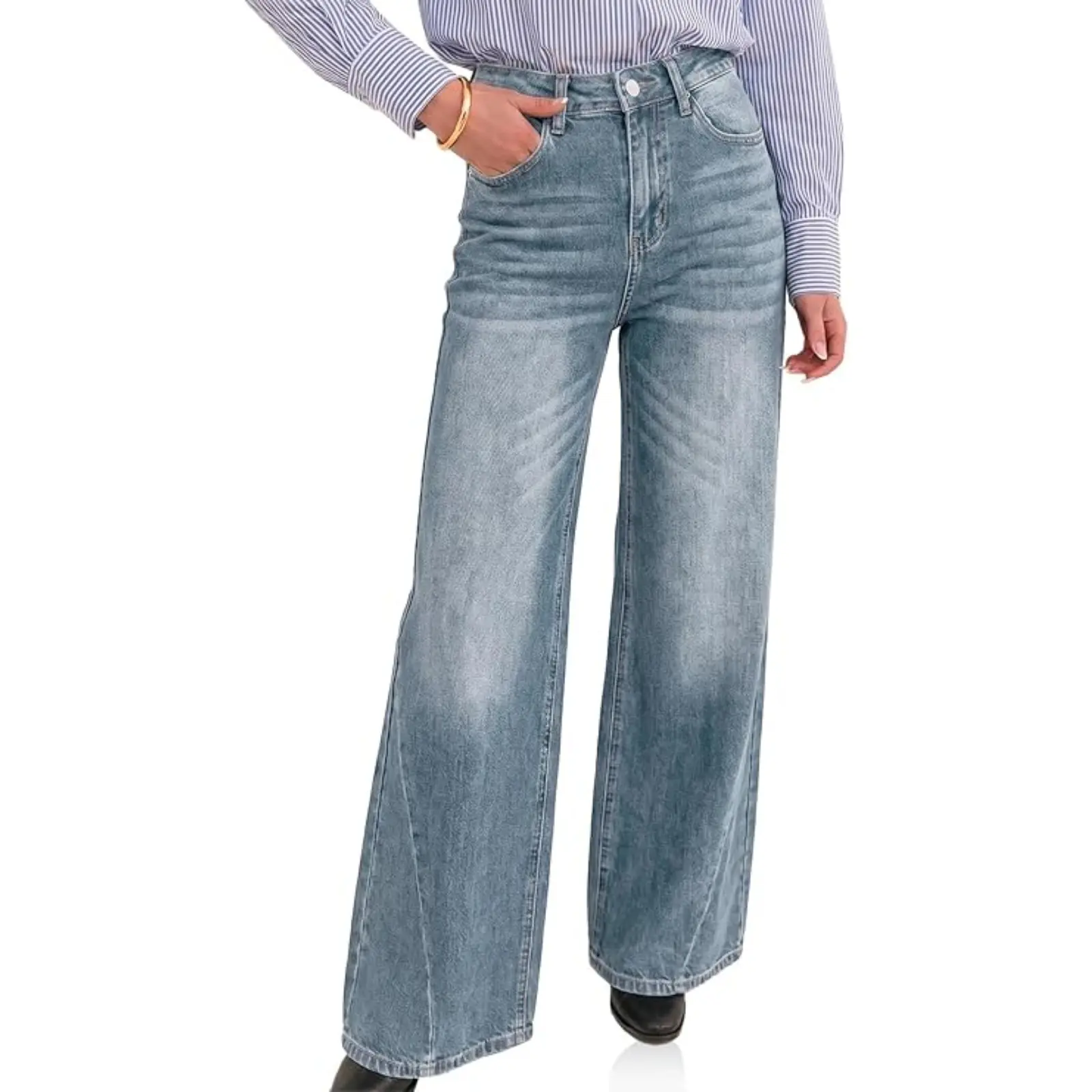 Flowyair Women's High Waisted Baggy Wide Leg Jeans, Tencel Stretch Denim Pants, Lightweight Vintage Wash, Comfy Casual Trendy Streetwear for Everyday, Gym & Travel