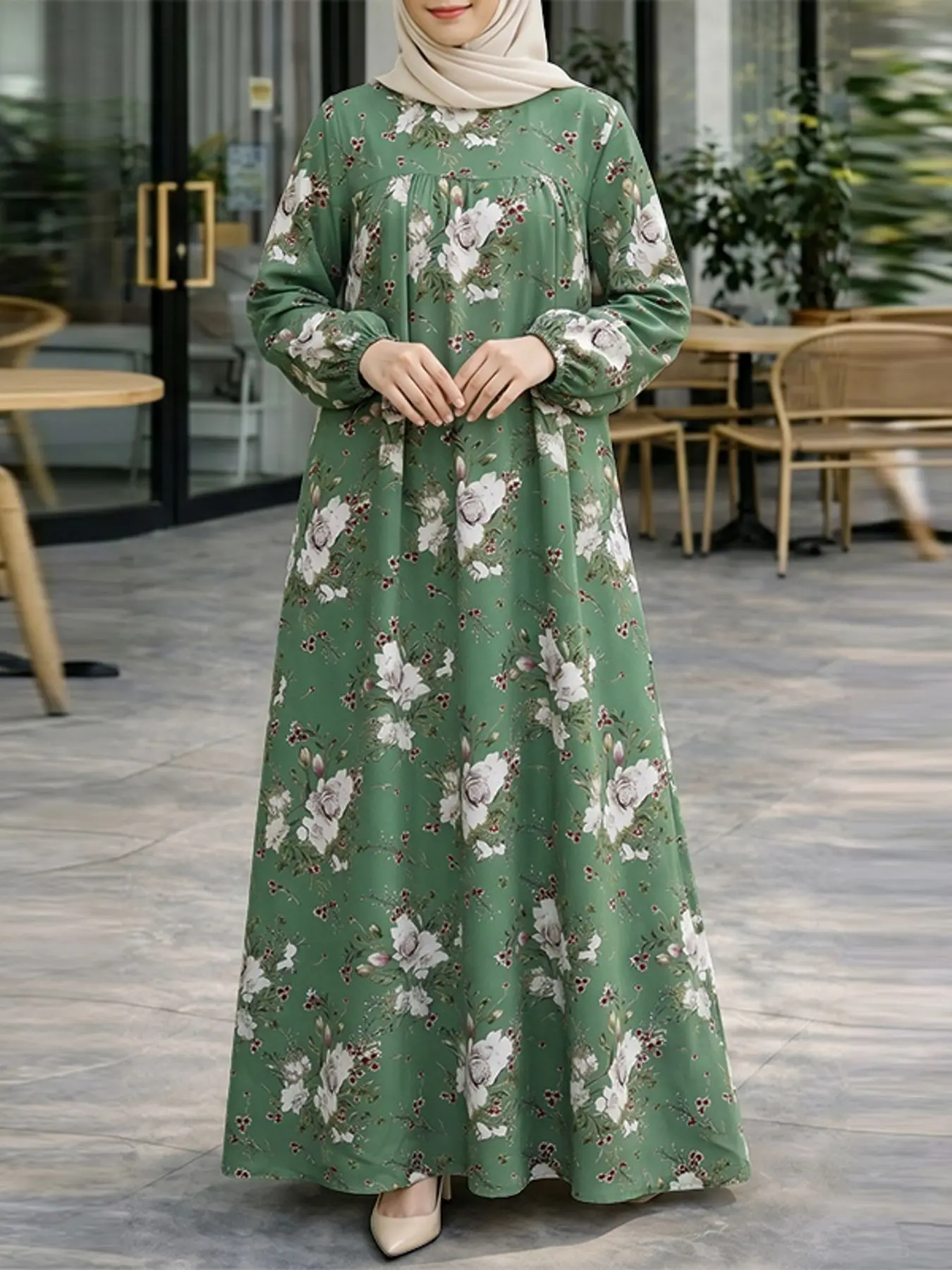Women's Round Neck Long Sleeve Floral Print A-Line Dress, Muslim Dresses, Modest Fashionable, Casual Loose-Fitting Long Dress, Spring & Fall Fashion, No Pockets, Maxidresses, Modest Style Dress