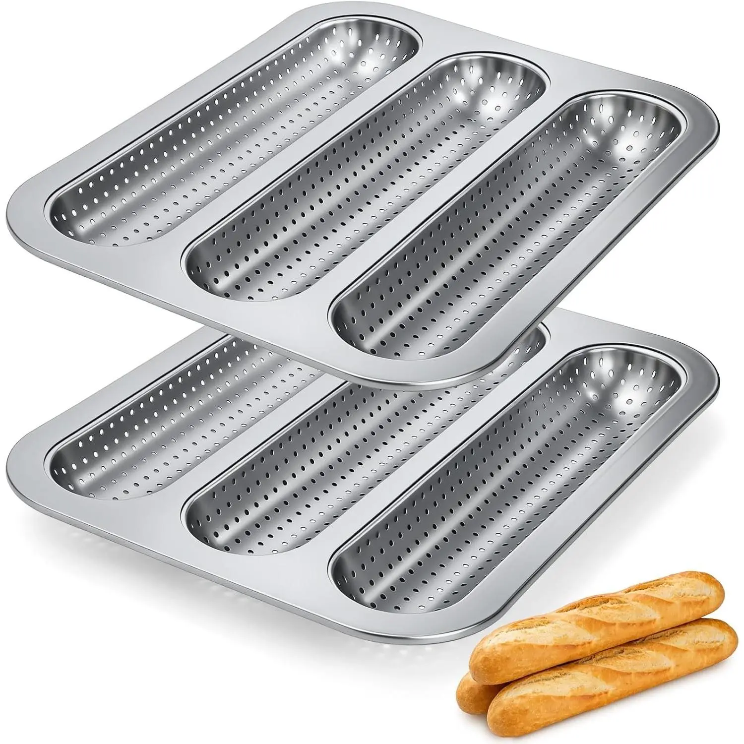 ZOOFOX 2 Pack Nonstick Perforated Baguette Pan, 3-Slot French Bread Baking Pan, Carbon Steel Baguette Tray for Professional and Home Baker, Sourdough, Italian Bread Baking