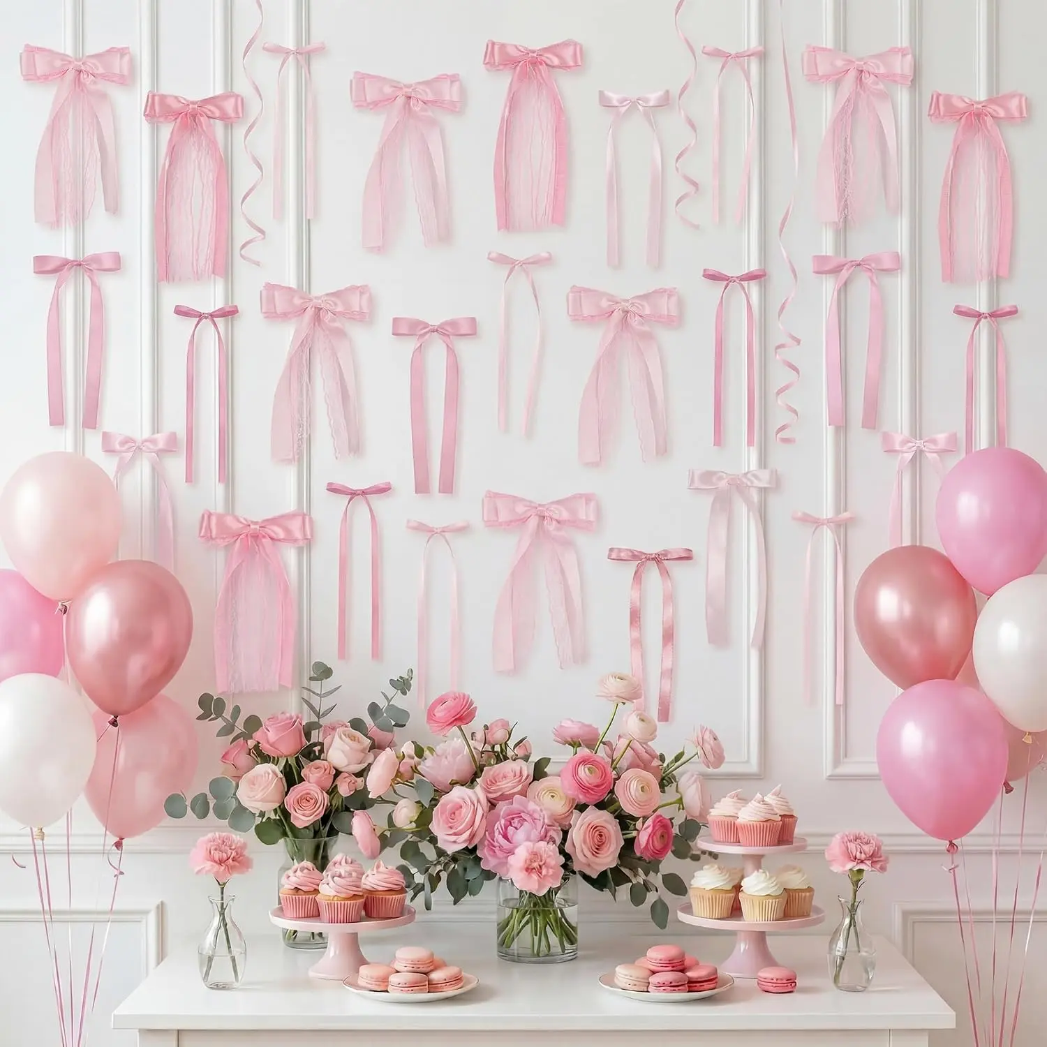 45 count  Lace Bow Wall Decor, 4 Styles Satin Bows Garland, DIY Bow Photo Backdrop,  Bows Party Decor for Women Girls Birthday  Shower Bachelorette Wedding Room Bedroom Decor