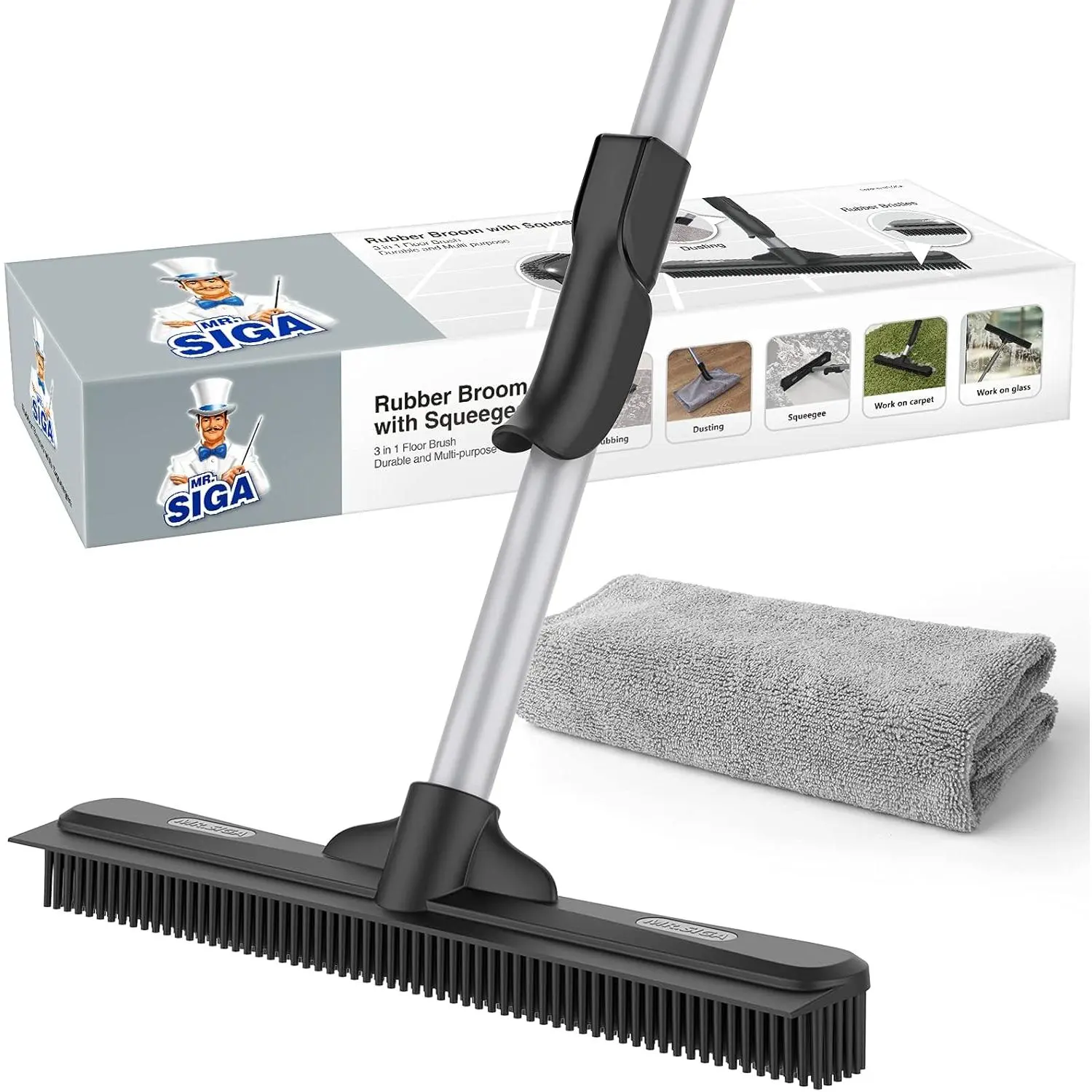 Pet Hair Removal Rubber Broom with Built in Squeegee |   3 in 1 floor brush for carpet, 61 inch adjustable handle, includes 1 microfiber cloth for floor dusting
