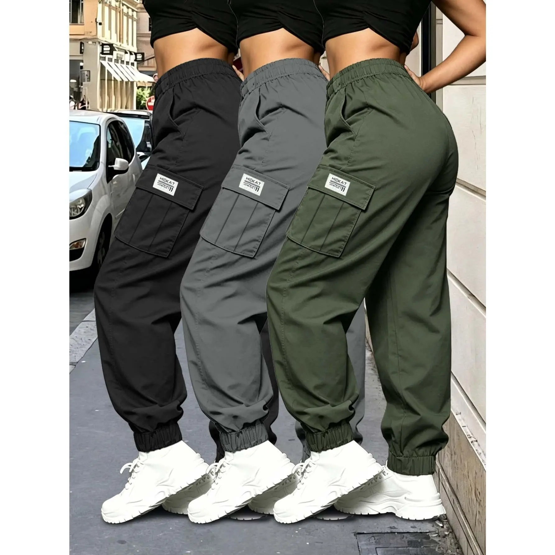 Women's 3-Pack Solid Color Cuffed Fit Jogger Pants, Elastic Drawstring Waist, Big Pockets, Casual Wear Streetwear Trousers, Solid Colors