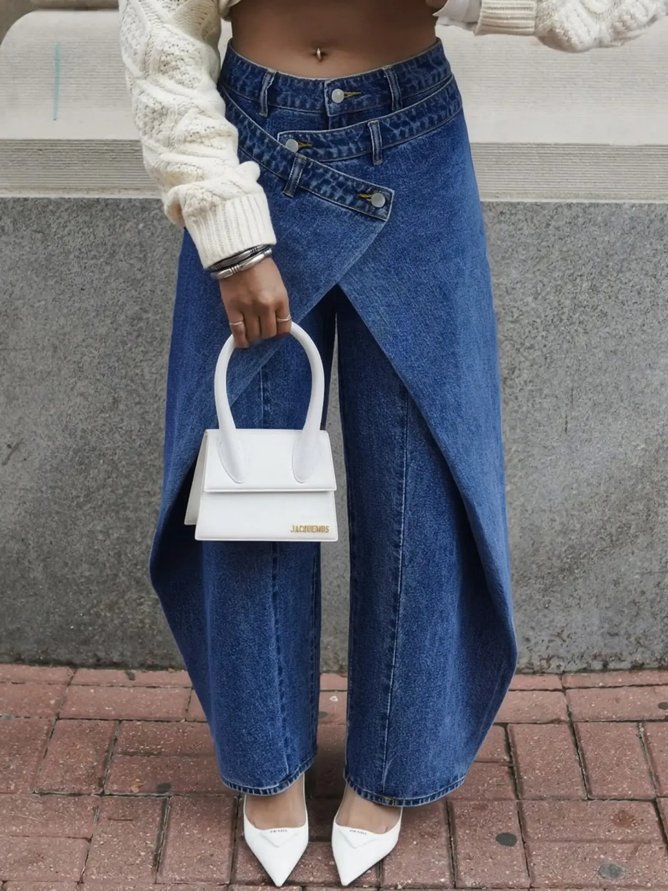 American High Street Retro Blue Women's Fashion Denim Jeans, Trendy Pleated Design, High Waist Wide Leg Pants, Loose Fit, Crossed Waistband, Versatile Style