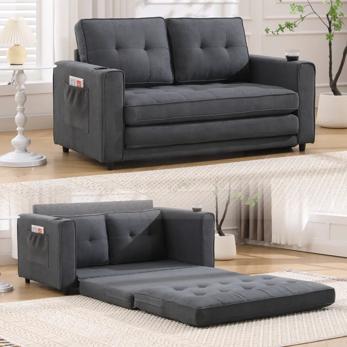 Aobtkel 3-in-1 Upholstered Futon Sofa Bed - Convertible Tufted Loveseat with Pull-Out Sleeper Couch, Folding Mattress, Side Pockets & Cup Holder, Dark Gray (VIDEO Provided)