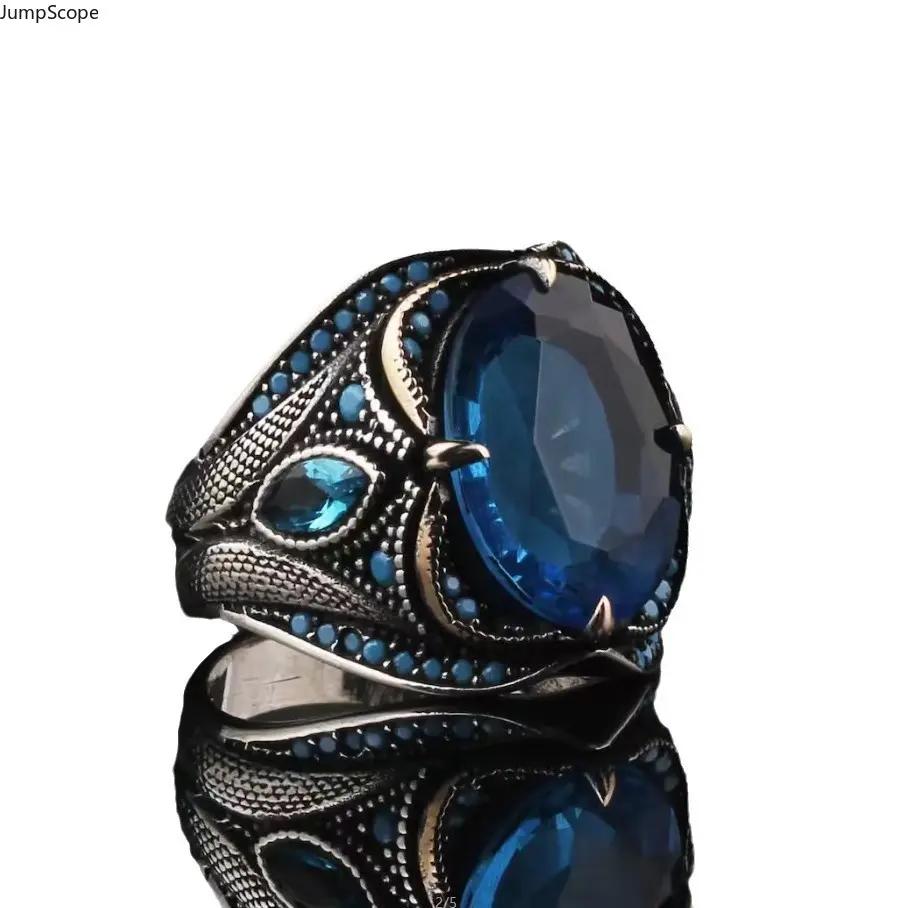 Vintage Two Tone Antique Silver Gold Snake Scale Engraved Large Oval Blue Topaz CZ Signet Ring For Men, Wavy Split Shank Gothic Hip Hop Masculine Statement Band For Daily Formal Biker Anniversary Casual Wear