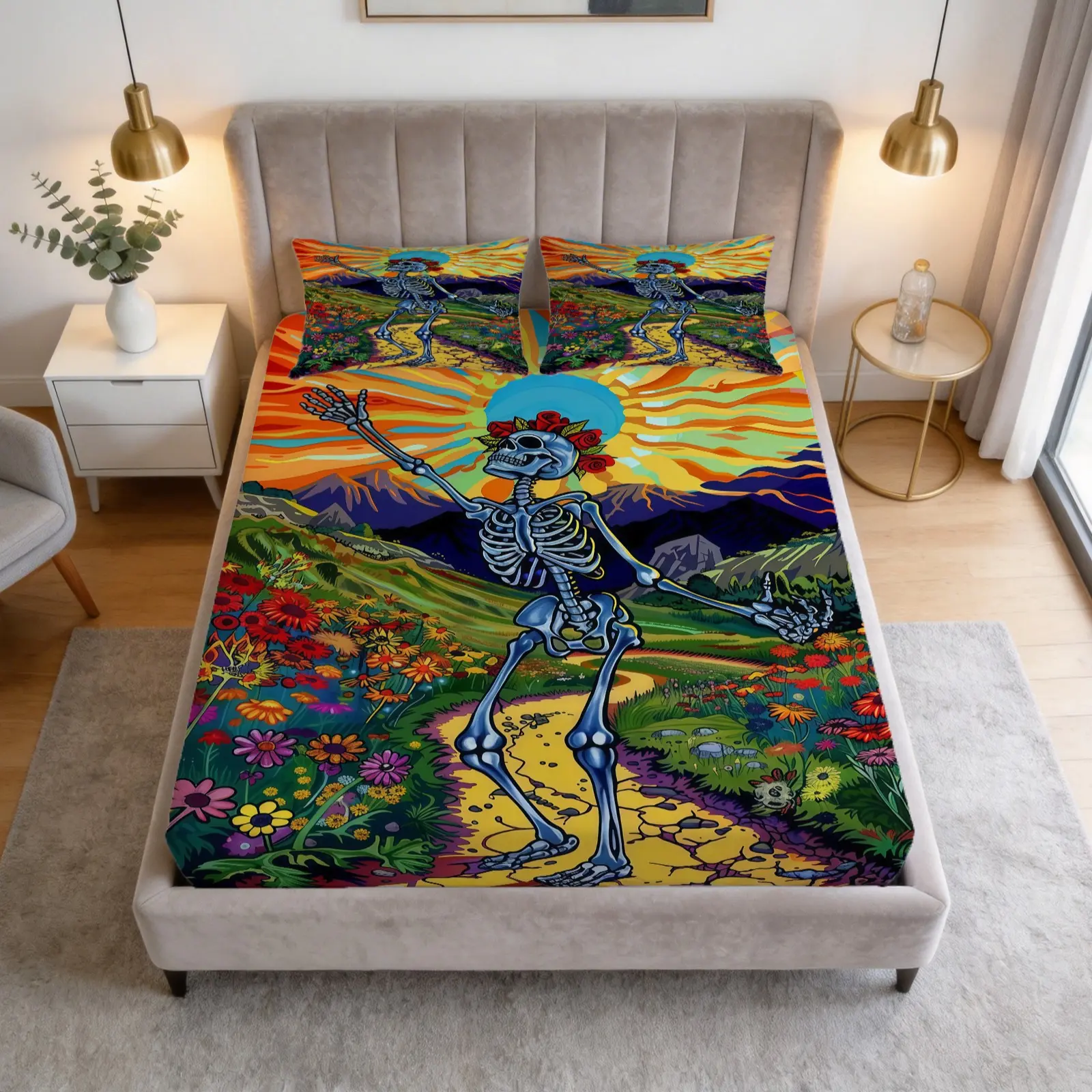 3-Piece Skull Floral Pattern Fitted Sheet Set, Including 1 Flat Sheet And 2 Pillowcases, Soft And Comfortable Bedding, Non-Slip Dust Cover, Suitable For Bedroom And Guest Room