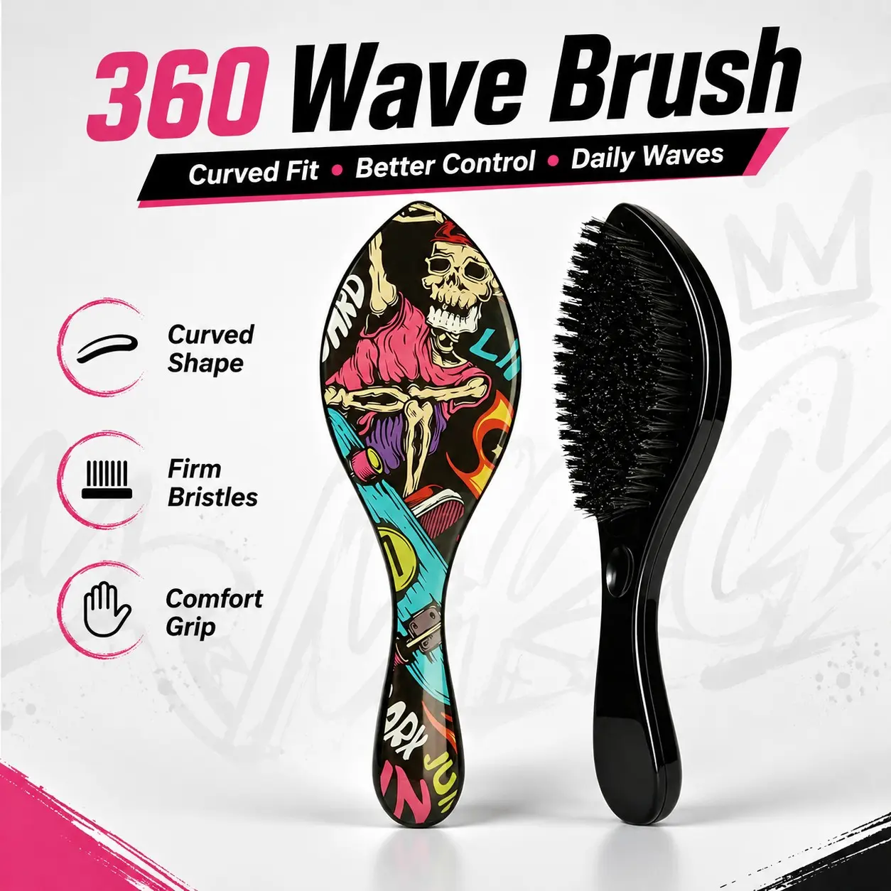 360 Wave Brush for Men, Curved Hair Brush with Dense Bristles, Graffiti Design for Waves, Short Hair, Fades, Natural Hair & Daily Grooming, Curl Hair Brush