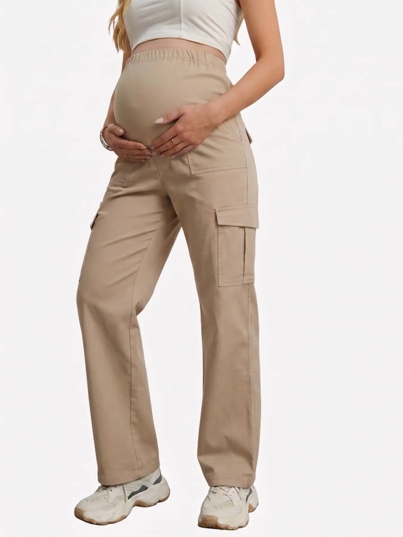 Maternity Casual Straight‑Leg Cargo Pants with Pockets, Elastic Belly‑Support Versatile Maternity Trousers for Women in Autumn