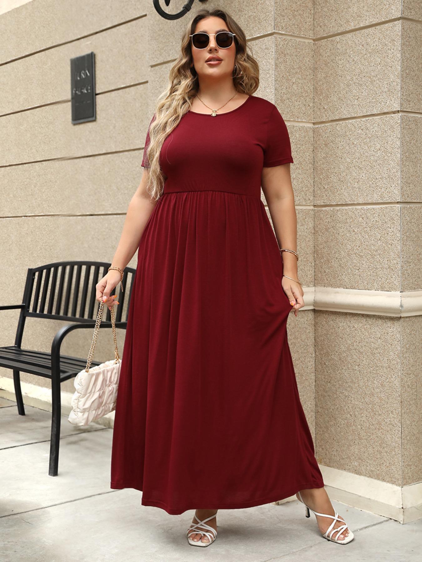 Women's Round Neck Stretchy Casual Long Plus Size Dress, Perfect for Bridesmaids, Vintage Style Wedding & Party Wear, Comfortable Fabric