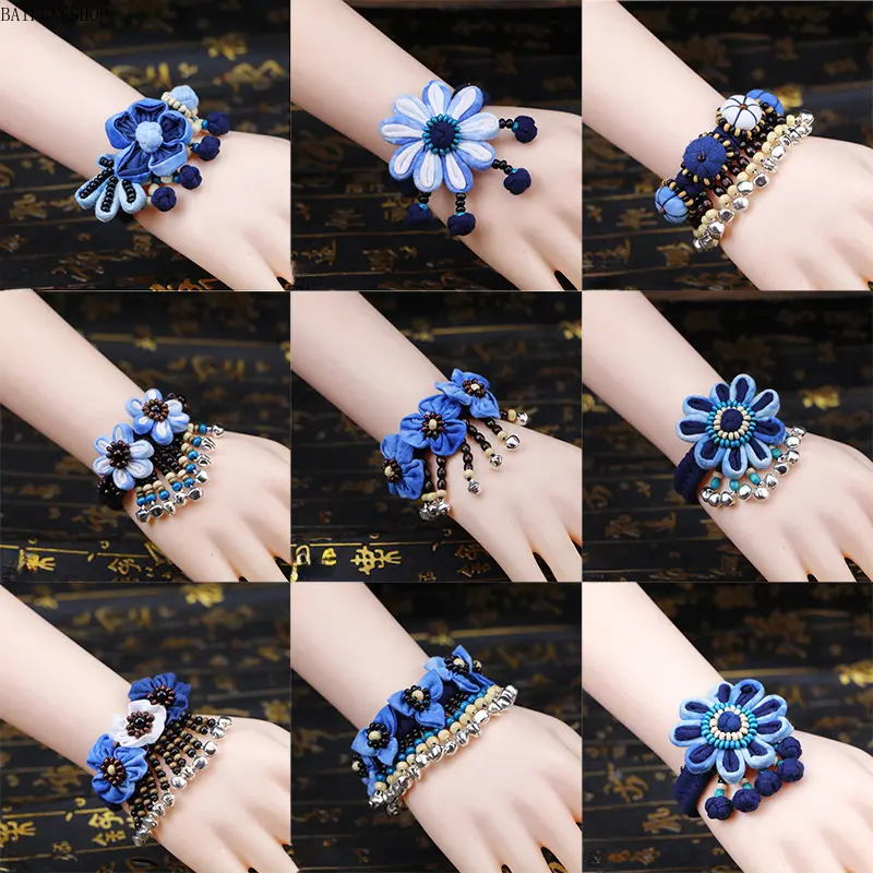 Women's Multi-Layered Boho Wrap Bracelet - Vintage Ethnic Blue Dye Fabric, Floral Print, Flower Beads, Wooden Beads, Silver Bell Charms, Handmade, Ideal for Hanfu Matching, Travel Gifts, Female Wear